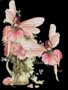 two pink flowers in a vase with fairy tinkerbells on it's wings