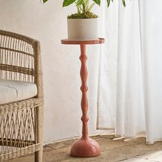 a potted plant sitting on top of a table next to a wicker chair