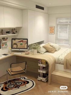 a bed room with a neatly made bed and a computer on top of the desk