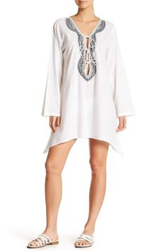 White Full Sleeved Beach Cover Up Dress with Embroidery - Hot Boho Resort & Swimwear Chic Tunic Cover-up For Beach Season, Spring V-neck Beachwear Tunic, Chic V-neck Beach Dress For Holiday, Bohemian White V-neck Cover-up, Summer V-neck Tunic For Vacation, Summer V-neck Tunic For Festivals, Chic V-neck Festival Cover-up, V-neck Kaftan For Beach Vacation, V-neck Kaftan For Resort Season