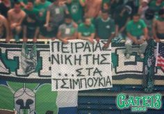 fans holding signs in the stands at a sporting event with green and white flags on them