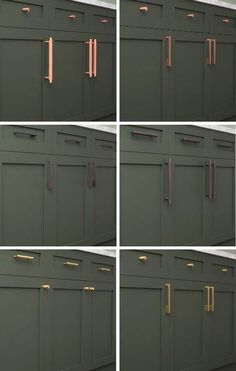 four different pictures of kitchen cabinets with brass handles and knobs on the front doors