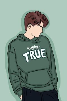 a drawing of a man wearing a green hoodie with the words,'rising true'on it