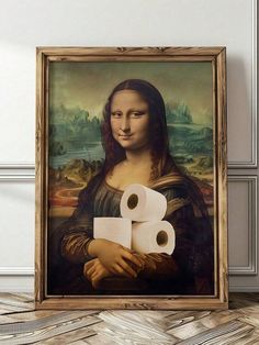 a painting of the monaine holding two rolls of toilet paper in front of it