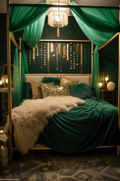 this Vibrant Modern Boho Bedroom is lit by emerald green LED strip lighting tucked behind the headboard. The walls are a muted sage (#9DC183), and the room features a four-poster bed, gold accents, and a patterned rug. Little Apartment Decor, Emerald Green Rooms, Street Room, Beautiful Bed Designs, Baddie Apartment, Baddie Apartment Ideas