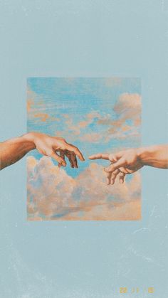 two hands reaching out towards each other in front of a blue sky with white clouds