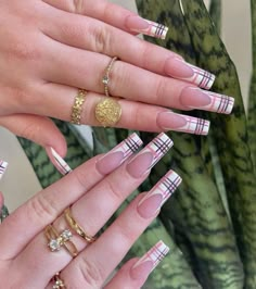 Plaid Nails French Tip, Plaid Tip Nails, Pink Flannel Nails, Plaid French Nails, Plaid Pink Nails, Pink Tartan Nails, Plaid Nails Pink, Gingham French Tip Nails, Burberry Acrylic Nails