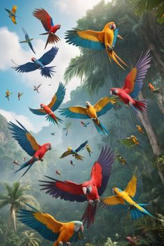 many colorful birds are flying in the air