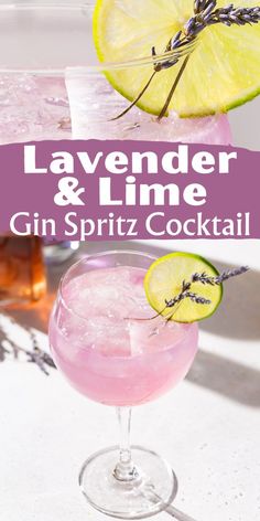 lavender and lime gin spritz cocktail is garnished with fresh lavenders