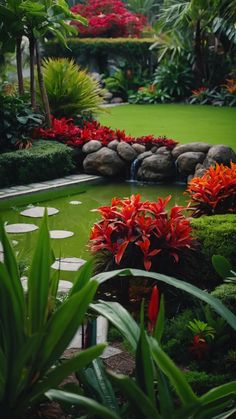 a lush green garden with red flowers and rocks in the center, surrounded by greenery