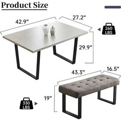 a table and bench are shown with measurements for each piece, including the seat cushion