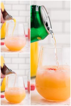 the process of making an orange juice in a wine glass with a green bottle next to it