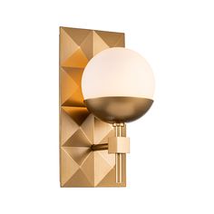 a gold wall light with a white ball on the front and an angled design behind it