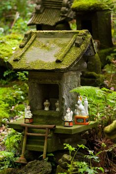 a small shrine in the woods with moss growing on it's roof and windows