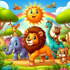 the cartoon animals are walking in the jungle