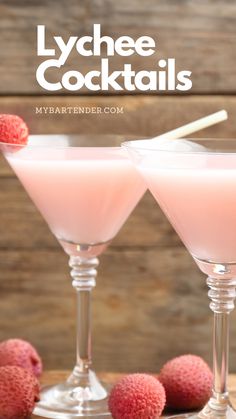 two martinis with raspberries in them and the text, lychee cocktails