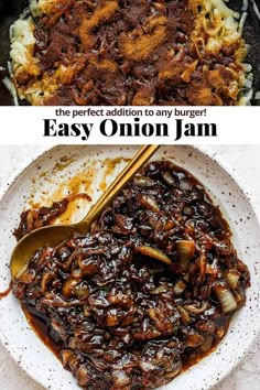 an easy onion jam recipe in a skillet with the title above it and below