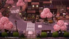 an animated city with lots of pink flowers