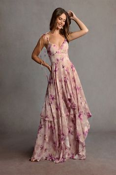 The Harmony Maxi Dress features a V-neckline, self-tie and adjustable spaghetti straps, paired with a romantic ruffle skirt. This style is crafted from a beautiful floral fil coupe fabric. Wear Harmony to your next formal event. Floral Formal Dresses, Summer Formal Dress, Garden Wedding Dress Guest, Patterned Bridesmaid Dresses, Atelier Dress, Mauve Bridesmaid Dress, Summer Formal Dresses, Floral Bridesmaid Dresses, Spring Wedding Guest Dress