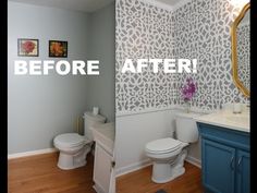 before and after photos of a bathroom remodel with blue cabinets, white toilet and wallpaper