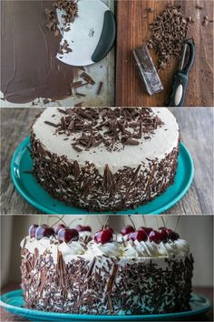 three different cakes with chocolate frosting and cherries on the top one is white