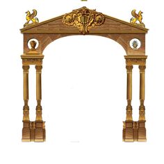 an arch with statues on the sides is shown in gold and brown tones, as well as other decorative elements