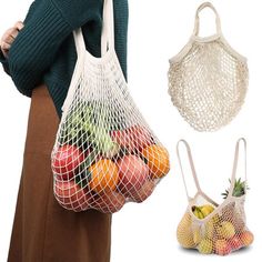 a woman holding a mesh bag full of fruits and vegetables next to two bags with fruit in them