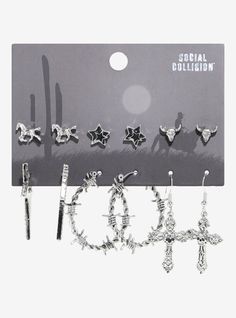 This town ain't big enough for you and these statement earrings! Channel some wild west vibes with this earring set  featuring studs of horses  stars and bull horns  plus statement drop earrings of stars  barbed wire hoops and gothic crosses. Goth Earings Piercings, Cool Earrings Hot Topic, Black Goth Earrings, Social Collision, Silver Star Gothic Earrings, Cowboy Earrings, Goth Cowboy, Grunge Earrings, Horse Star