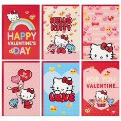 four hello kitty valentine's day cards with hearts, balloons and flowers on them