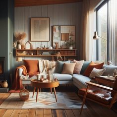 a living room filled with furniture and a fire place in front of a large window