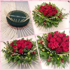 red roses and greenery are arranged in a bouquet