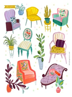 an illustration of colorful chairs and plants