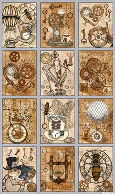 a collage of steampunk images with clocks and other things on them, including gears