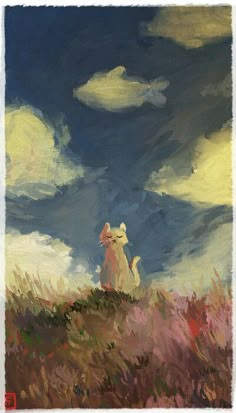 a painting of a cat sitting on top of a grass covered hill with clouds in the background