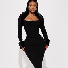 Shilah Faux Fur Sweater Midi Dress - Black Size 1x Brand New Chic Club Outerwear For Winter, Winter Club Bodycon Dress, Winter Long Sleeve Midi Dress For Club, Winter Club Midi Length Bodycon Dress, Winter Bodycon Midi Dress For Club, Winter Club Midi Dress With Stretch, Winter Bodycon Midi Dress For Night Out, Winter Club Bodycon Midi Dress, Black Winter Bodycon Dress For Date Night