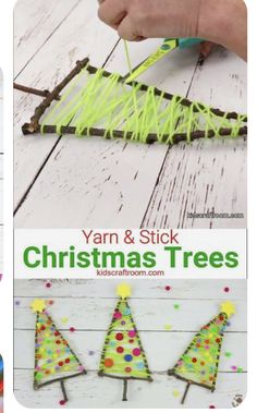 yarn and stick christmas tree craft for kids to make on the white wood floor with text overlay that says yarn and stick christmas trees