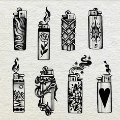 six lighters with designs on them are drawn in black and white, one has a heart