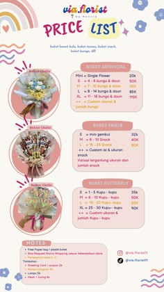 the price list for an event is shown in pink and blue, with flowers on it