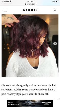 Brunette Plum Balayage, Plum Burgundy Hair With Highlights, Purple Lowlights In Light Brown Hair, Short Black Cherry Hair, Red Highlights On Short Hair, Fall Hair Colors For Dark Brown Hair, Short Dark Fall Hair, Chocolate Plum Hair Color, Brown Hair With Burgundy Balayage