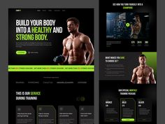 an image of a website design for a bodybuilding gym company, with the title'build your body into a healthy and strong body '