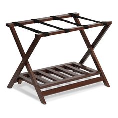 a wooden rack with two trays on each side and one shelf below the top