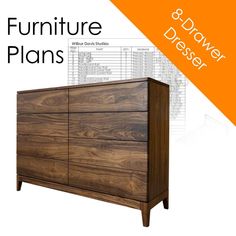 the furniture plans for this dresser are shown in an orange and white background with text overlay