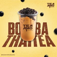 an advertisement for tea amo thanteaa, with coffee beans in the cup