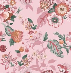 a pink flowered wallpaper with lots of different flowers on the side of it