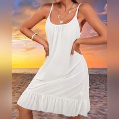 Perfect For Those Summer Days And Nights. Very Comfortable And Stretchy Fabric! There Is No Doubt That You Will Love This Item. Flowy Sleeveless Beach Dress For Loungewear, Flowy Sleeveless Beach Dress Loungewear, White Spaghetti Strap Beach Dress For Vacation, White Ruffled Sleepwear For Summer, Casual Summer Sleep Dress, Sleeveless Sundress For Beach Loungewear, Summer Beach Nightgown With Spaghetti Straps, Sleeveless Summer Beach Dress For Loungewear, White Mini Dress With Spaghetti Straps For Beach