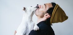 a man kissing a white dog on the nose