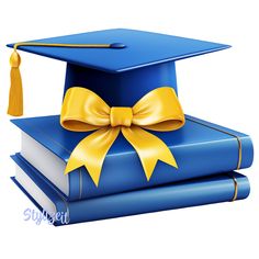 a blue graduation cap and two books with a yellow ribbon