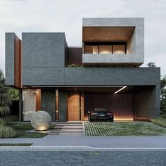 the modern house is surrounded by greenery and trees