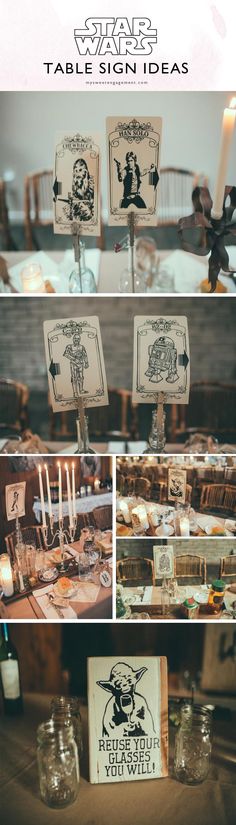 the table is set up with candles and cards