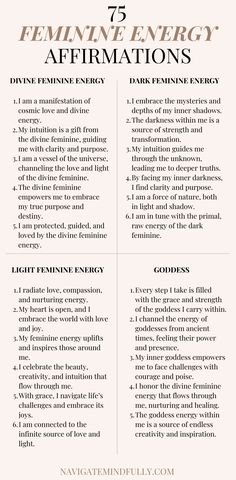 feminine energy affirmations Feminine Energy Affirmation, Powerful Feminine, Healing Journaling, Self Care Bullet Journal, A Course In Miracles, Energy Healing Spirituality, Empowering Words